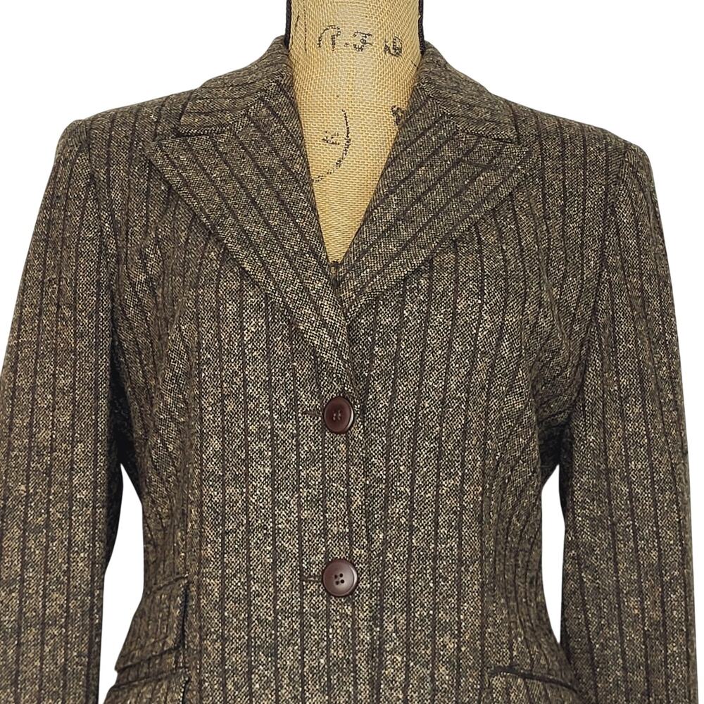 Vintage Zara Brown Tweed Striped 3 Button 3 Pocket Blazer Made in Spain Sze 8 - Picture 3 of 9